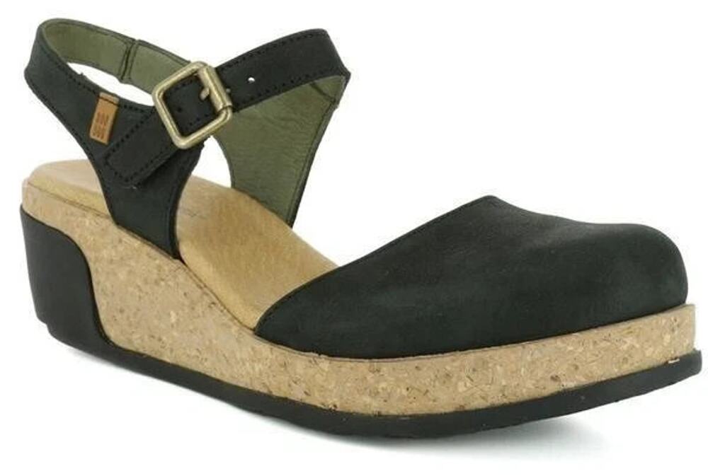 El Naturalista Black Leather Leaves 2" Cork Heel Adjustable Mary Jane Shoe 40 9